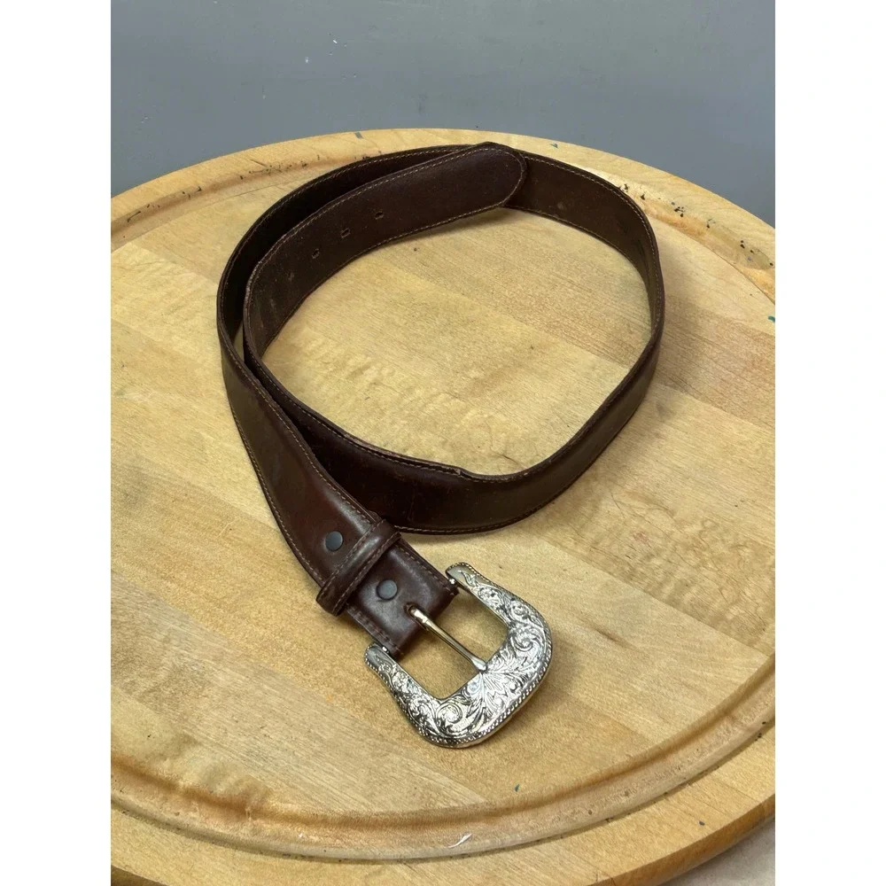 Belt Mens 38 Brown Harness Leather Oil‎ Tanned Western Floral Buckle USA Cowboy